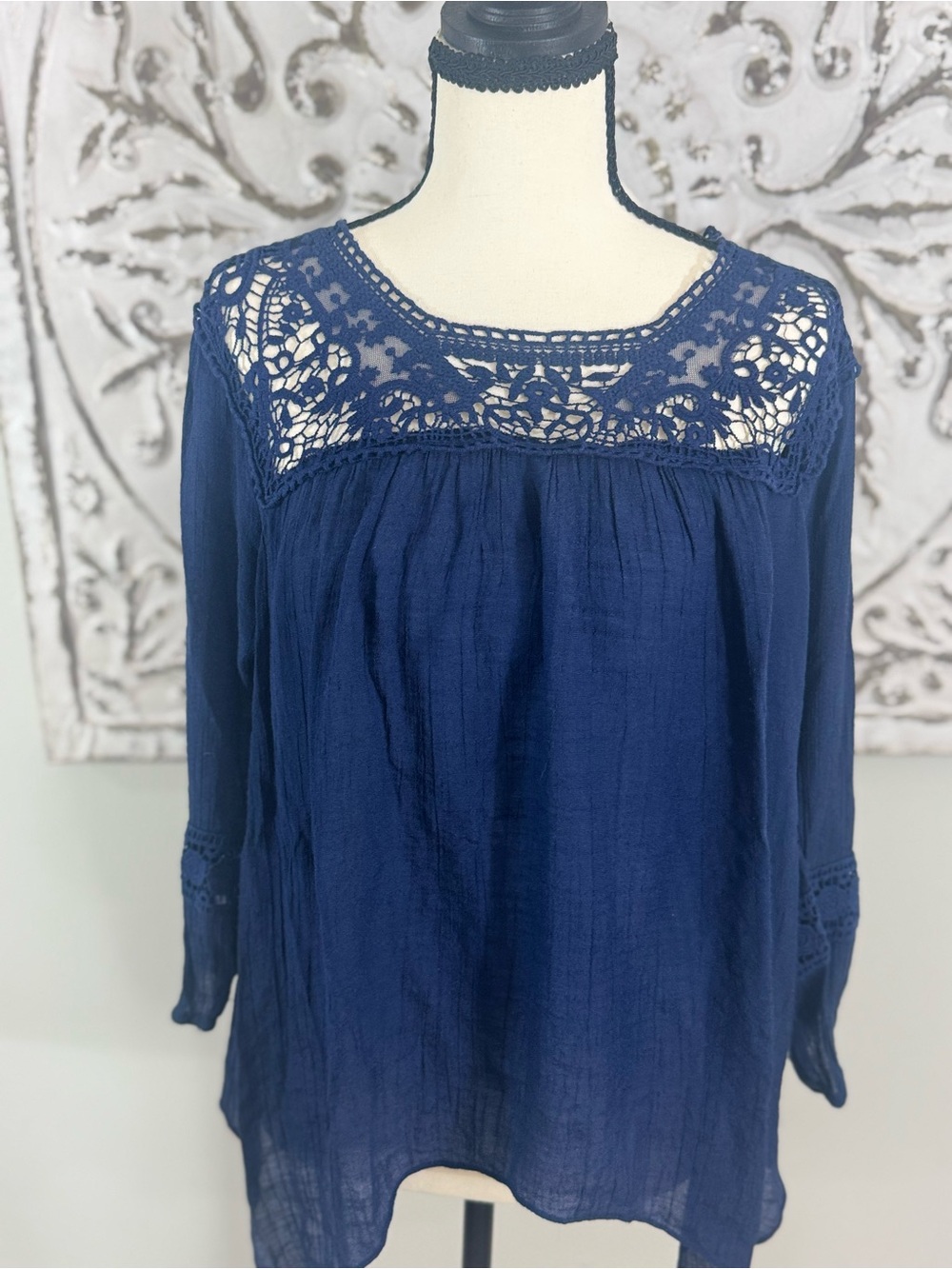 Rewind Navy Blue Boho Crochet Lace Peasant Top Medium